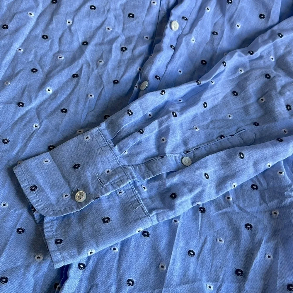 J. Crew Blue Shirt with Black and White Dots